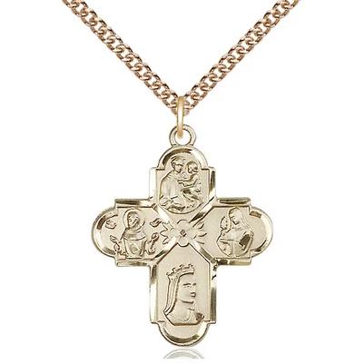 4 Way Medal Necklace - 14K Gold - 1 Inch Tall by 7/8 Inch Wide with 24" Chain