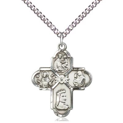 4 Way Medal Necklace - Sterling Silver - 1 Inch Tall by 7/8 Inch Wide with 24" Chain