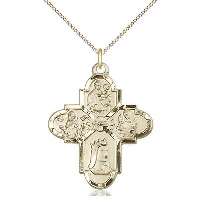 4 Way Medal Necklace - 14K Gold - 1-1/4 Inch Tall by 1 Inch Wide with 18" Chain
