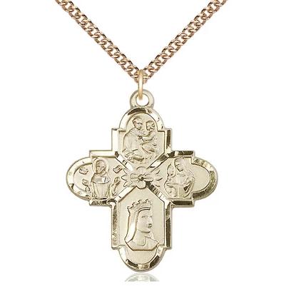 4 Way Medal Necklace - 14K Gold - 1-1/4 Inch Tall by 1 Inch Wide with 24" Chain