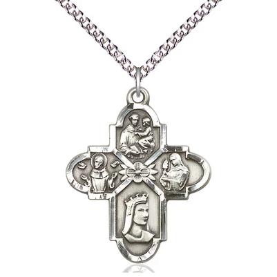 4 Way Medal Necklace - Sterling Silver - 1-1/4 Inch Tall by 1 Inch Wide with 24" Chain