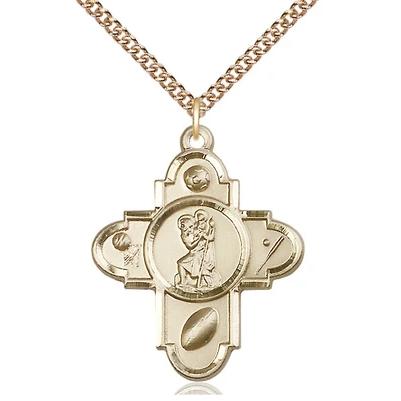 5 Way Medal Necklace - 14K Gold Filled - 1-1/4 Inch Tall by 1 Inch Wide with 24" Chain
