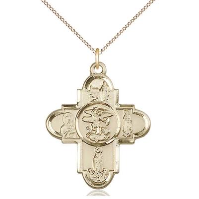 5 Way Medal Necklace - 14K Gold - 1-1/4 Inch Tall by 1 Inch Wide with 18" Chain