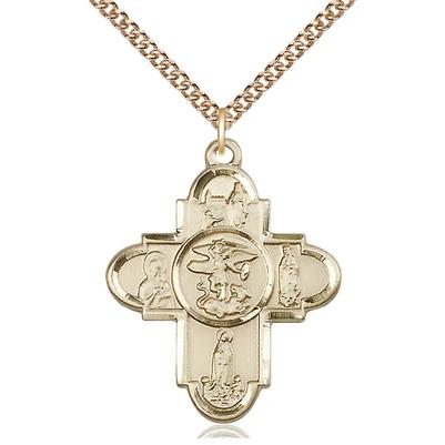 5 Way Medal Necklace - 14K Gold - 1-1/4 Inch Tall by 1 Inch Wide with 24" Chain