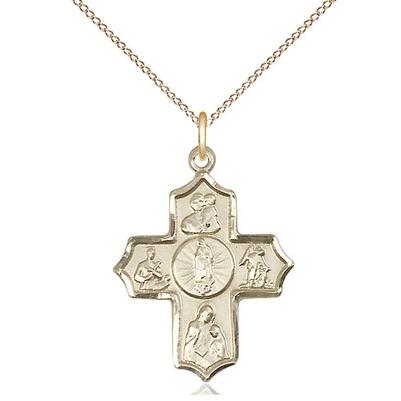 5 Way Medal Necklace - 14K Gold - 1 Inch Tall by 3/4 Inch Wide with 18" Chain