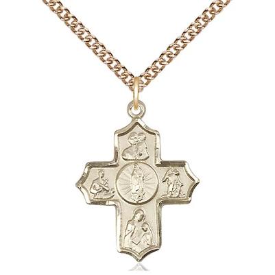 5 Way Medal Necklace - 14K Gold - 1 Inch Tall by 3/4 Inch Wide with 24" Chain