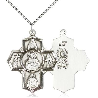 4 Way Scapular  Medal Necklace - Sterling Silver - 1-1/4 Inch Tall by 1 Inch Wide with 18" Chain
