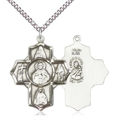 4 Way Scapular  Medal Necklace - Sterling Silver - 1-1/4 Inch Tall by 1 Inch Wide with 24" Chain