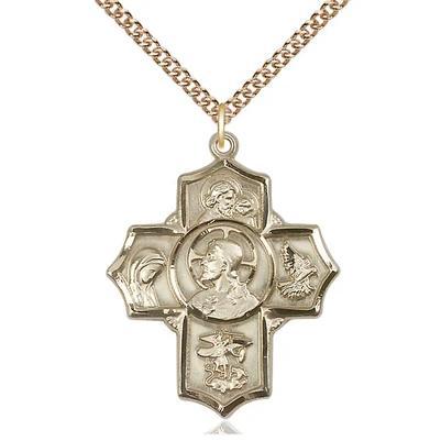 5 Way Medal Necklace - 14K Gold Filled - 1-1/4 Inch Tall by 1 Inch Wide with 24" Chain