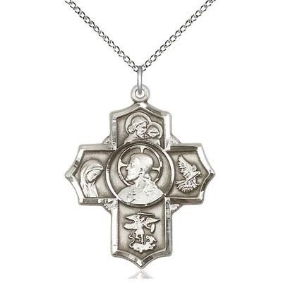 5 Way Medal Necklace - Sterling Silver - 1-1/4 Inch Tall by 1 Inch Wide with 18" Chain