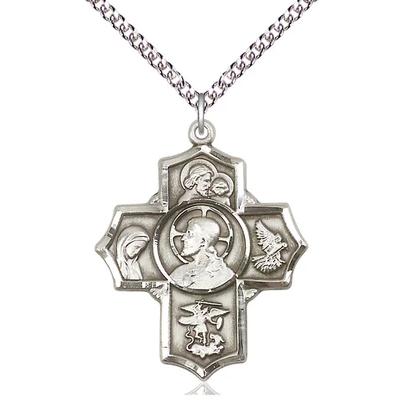 5 Way Medal Necklace - Sterling Silver - 1-1/4 Inch Tall by 1 Inch Wide with 24" Chain