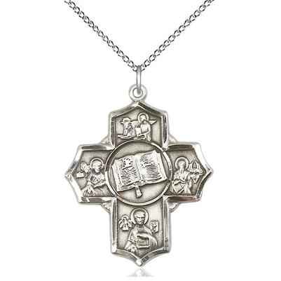 5 Way Medal Necklace - Sterling Silver - 1-1/4 Inch Tall by 1 Inch Wide with 18" Chain