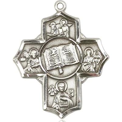 5 Way Medal Necklace - Sterling Silver - 1-1/4 Inch Tall by 1 Inch Wide with 24" Chain