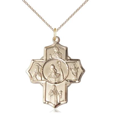 5 Way Medal Necklace - 14K Gold Filled - 1-1/4 Inch Tall by 1 Inch Wide with 18" Chain