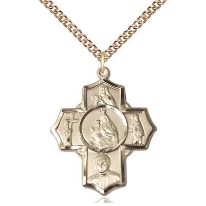 4 Way Medal Necklace - 14K Gold - 1-1/8 Inch Tall by 1 Inch Wide with 24" Chain