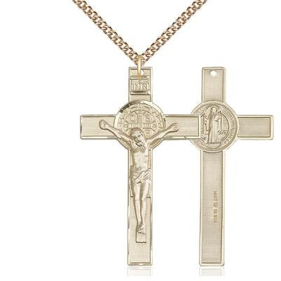 St. Benedict Crucifix Medal Necklace - 14K Gold Filled - 1-3/4 Inch Tall x 1 Inch Wide with 24" Chain