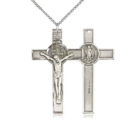 St. Benedict Crucifix Medal Necklace - Sterling Silver - 1-3/4 Inch Tall x 1 Inch Wide with 18" Chain