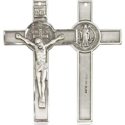 St. Benedict Crucifix Medal Necklace - Sterling Silver - 1-3/4 Inch Tall x 1 Inch Wide with 18" Chain