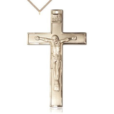 Crucifix Medal Necklace - 14K Gold - 1-3/4 Inch Tall x 1 Inch Wide with 24" Chain