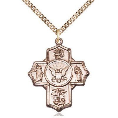 5-Way Navy Medal Necklace - 14K Gold - 1-1/4 Inch Tall x 1 Inch Wide with 24" Chain