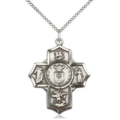 5-Way Air Force Medal Necklace - Sterling Silver - 1-1/4 Inch Tall x 1 Inch Wide with 18" Chain