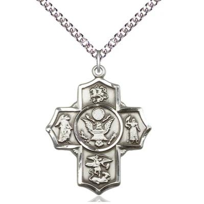 5-Way Army Medal Necklace - Sterling Silver - 1-1/4 Inch Tall x 1 Inch Wide with 24" Chain