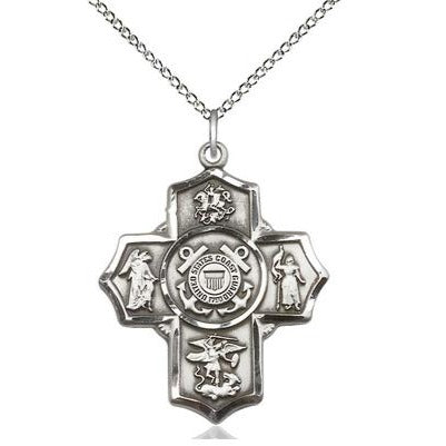 5-Way Coast Guard Medal Necklace - Sterling Silver - 1-1/4 Inch Tall x 1 Inch Wide with 18" Chain