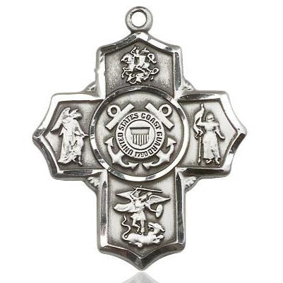 5-Way Coast Guard Medal Necklace - Sterling Silver - 1-1/4 Inch Tall x 1 Inch Wide with 18" Chain