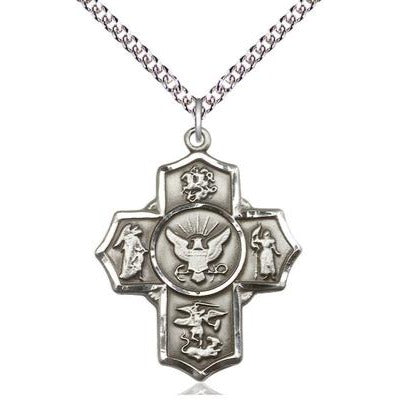 5-Way Navy Medal Necklace - Sterling Silver - 1-1/4 Inch Tall x 1 Inch Wide with 24" Chain