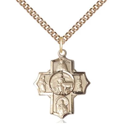 5 Way Medal Necklace - 14K Gold - 7/8 Inch Tall by 3/4 Inch Wide with 24" Chain