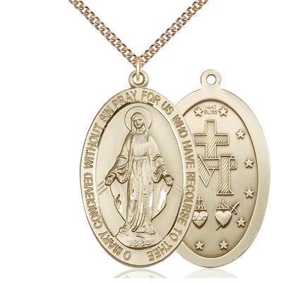 Miraculous Medal Necklace - 14K Gold - 1-5/8 Inch Tall by 1 Inch Wide with 24" Chain