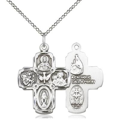 5 Way Medal Necklace - Sterling Silver  - 1 Inch Tall by 3/4-Inch Wide with 18" Chain