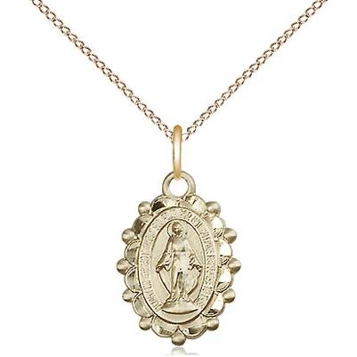 Miraculous Medal Necklace - 14K Gold - 5/8 Inch Tall by 3/8 Inch Wide with 18" Chain