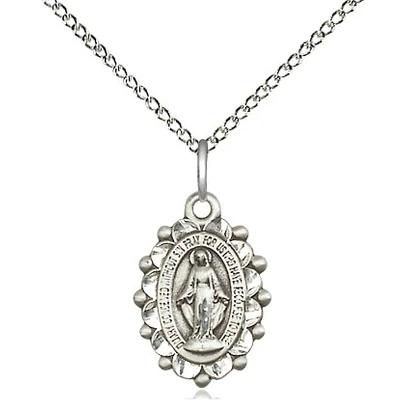 Miraculous Medal Necklace - Sterling Silver - 5/8 Inch Tall by 3/8 Inch Wide with 18" Chain