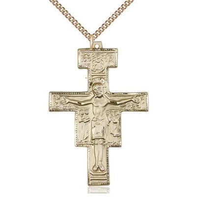 San Damiano Crucifix Medal Necklace - 14K Gold - 2 Inch Tall x 1-3/8 Inch Wide with 24" Chain