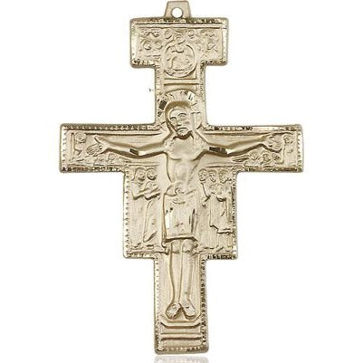 San Damiano Crucifix Medal Necklace - 14K Gold - 2 Inch Tall x 1-3/8 Inch Wide with 24" Chain