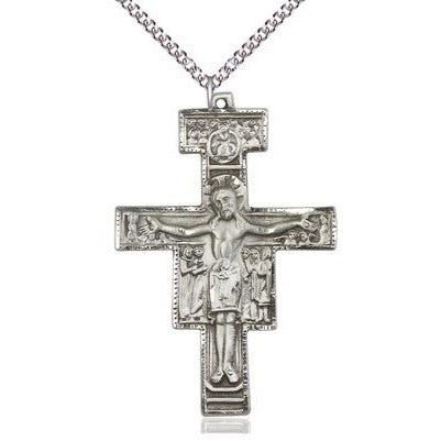 San Damiano Crucifix Medal Necklace - Sterling Silver - 2 Inch Tall x 1-3/8 Inch Wide with 24" Chain