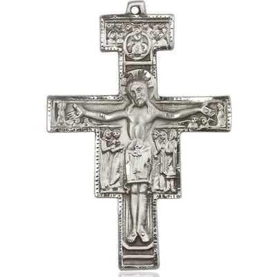 San Damiano Crucifix Medal Necklace - Sterling Silver - 2 Inch Tall x 1-3/8 Inch Wide with 24" Chain