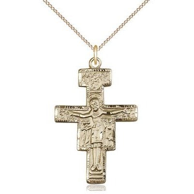 San Damiano Crucifix Medal Necklace - 14K Gold - 1-1/4 Inch Tall x 7/8 Inch Wide with 18" Chain