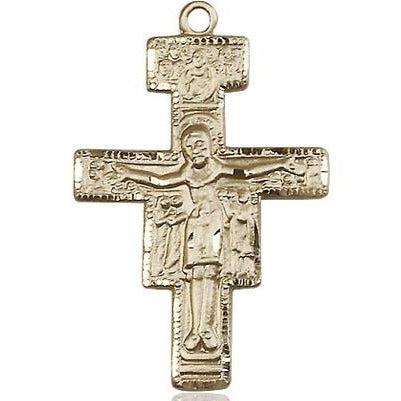 San Damiano Crucifix Medal Necklace - 14K Gold - 1-1/4 Inch Tall x 7/8 Inch Wide with 18" Chain