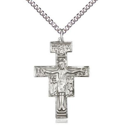 San Damiano Crucifix Medal Necklace - Sterling Silver - 1-1/4 Inch Tall x 7/8 Inch Wide with 24" Chain