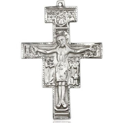 San Damiano Crucifix Medal Necklace - Sterling Silver - 1-1/4 Inch Tall x 7/8 Inch Wide with 24" Chain