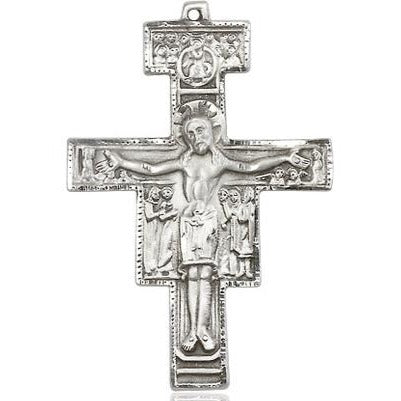 San Damiano Crucifix Medal Necklace - Sterling Silver - 1-1/4 Inch Tall x 7/8 Inch Wide with 18" Chain