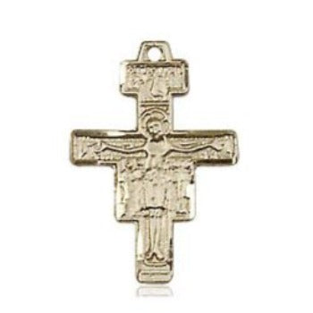 San Damiano Crucifix Medal - 14K Gold - 5/8 Inch Tall x 3/8 Inch Wide
