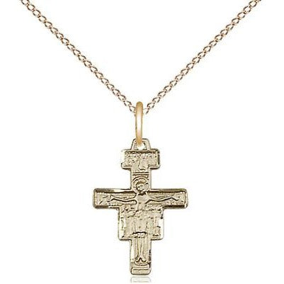 San Damiano Crucifix Medal Necklace - 14K Gold - 5/8 Inch Tall x 3/8 Inch Wide with 18" Chain