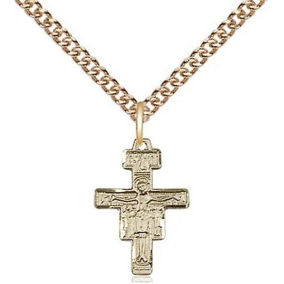 San Damiano Crucifix Medal Necklace - 14K Gold - 5/8 Inch Tall x 3/8 Inch Wide with 24" Chain