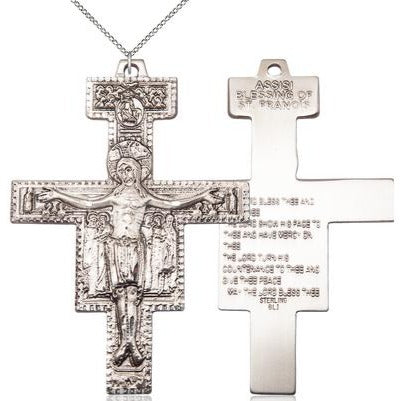 Damiano Crucifix Medal Necklace - Sterling Silver - 3-1/8 Inch Tall x 2-1/4 Inch Wide with 18" Chain
