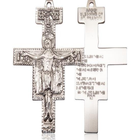 Damiano Crucifix Medal Necklace - Sterling Silver - 3-1/8 Inch Tall x 2-1/4 Inch Wide with 18" Chain
