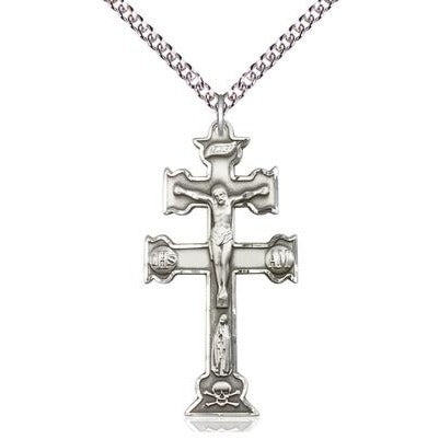 Caravaca Crucifix Medal Necklace - Sterling Silver - 1-1/2 Inch Tall x 3/4 Inch Wide with 24" Chain