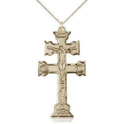 Caravaca Crucifix Medal Necklace - 14K Gold - 2 Inch Tall x 1 Inch Wide with 18" Chain